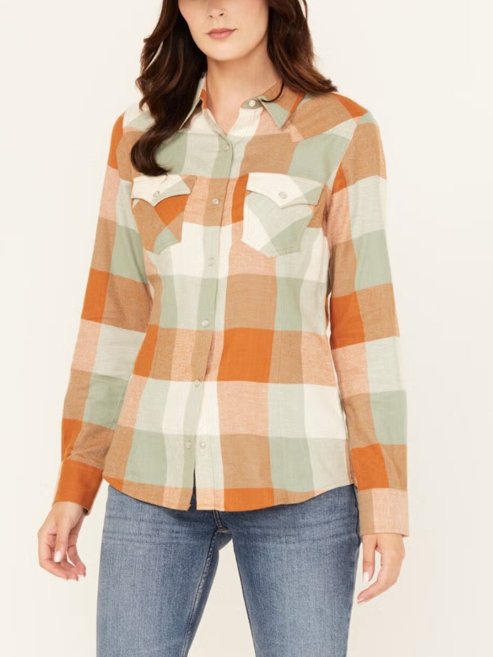 Wrangler Orange Rust and Teal Plaid Button-Down Shirt
